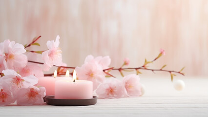 Cherry Blossoms and Pink Candles on a Soft Background

