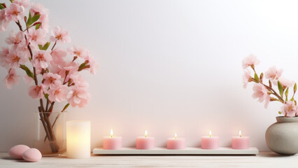 Cherry Blossoms and Pink Candles on a Soft Background

