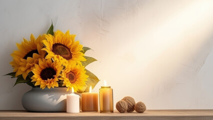 Sunflowers and Candles on a Soft Background

