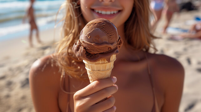 Jeune fille ou adolescence profite d'une glace au chocolat sur la plage, le temps des vacances &agrave; la mer