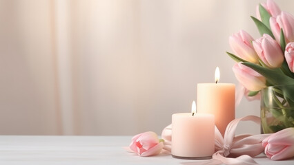 A serene arrangement of pink tulips and softly glowing candles, creating a peaceful and romantic ambiance perfect for relaxation and tranquility.

