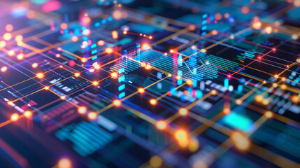Fototapeta premium Abstract visualization of a digital technology network with neon lights and data nodes.