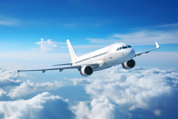 Obraz premium White passenger airplane flying in the sky amazing clouds in the background - Travel by air transport