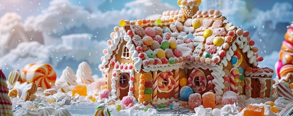 Gingerbread house is standing on icing sugar with falling snow and colorful candies around