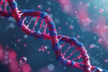 A detailed 3D render of a DNA double helix against a vibrant red and blue background, representing genetic science, biotechnology, and molecular biology