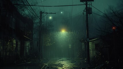 Foggy Night Street Scene With Streetlights Image