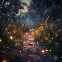 Mystical 4th of July Walk Way Night Path Fireflies 4K Detail, Hyperrealistic 