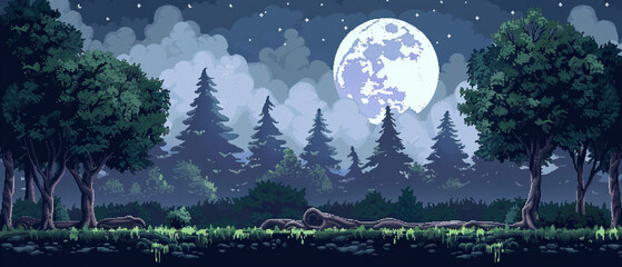 forest ​​at night with full moon game platform illustration background
