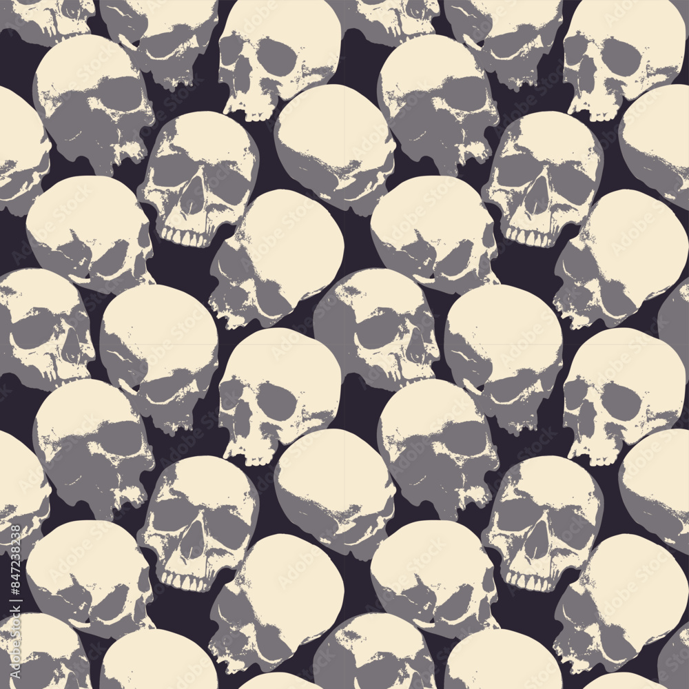 Poster seamless pattern with human skulls. vector background with sinister smiling skulls in retro style. g