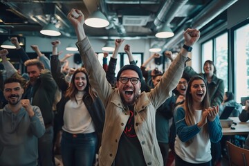 A lot of people cheering in a co working space, success at work, concept modern and young business