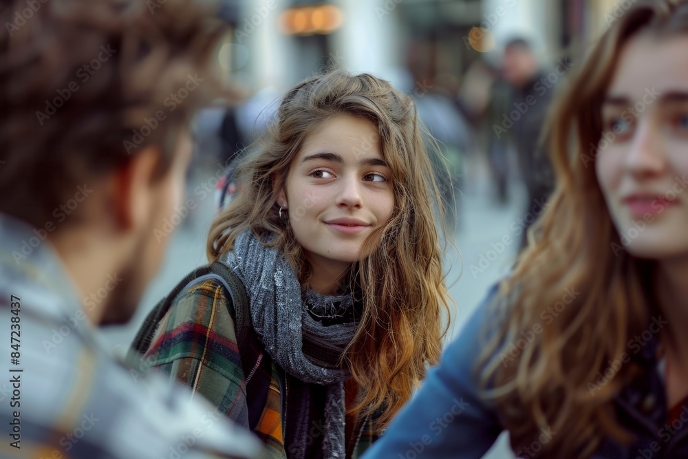 Wall mural Portrait of a beautiful young woman with long hair in the city