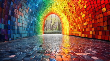 A colorful tunnel made of tiles with a rainbow on the wall