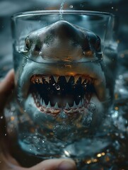 Obraz premium Hand holding mini glass with shark inside, hyper realistic