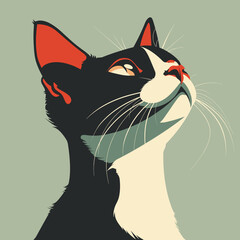 Black white cat graphic illustration against background, cat looking up, whiskers eyes detailed. Artistic portrait feline, red, black color scheme, midcentury modern style, illustration