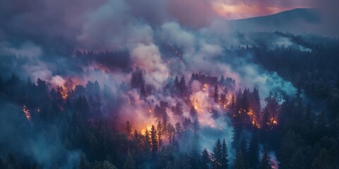 Forest fire with smoke and flames. Aerial view of burning trees. Natural disaster concept. Design for environmental awareness campaigns. Banner with copy space.