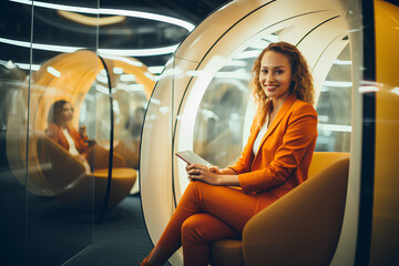 Naklejka premium Young businesswoman talks via video call in office pods