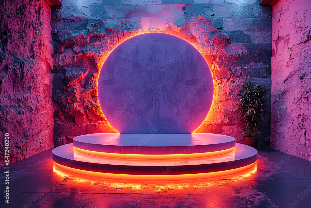 Poster a neon orange archway is the focal point of this image, which is set in a large, empty room with a c