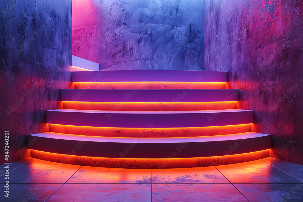 Poster a neon orange archway is the focal point of this image, which is set in a large, empty room with a c
