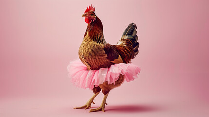 Chicken Wearing Pink Tutu Against Pink Background
