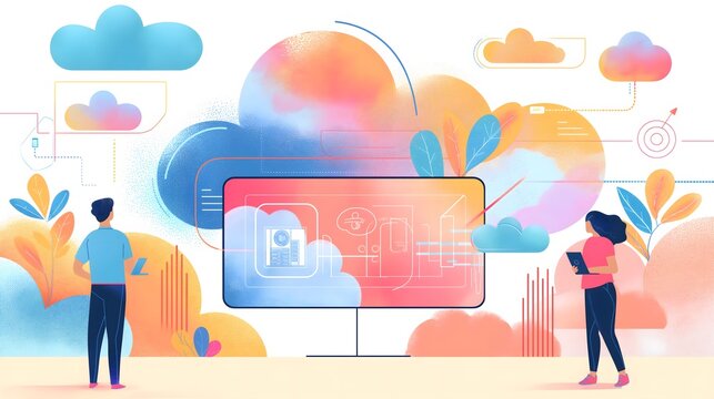 Business illustration of a cloud customer communications software, modern design, minimalist design, elegant design