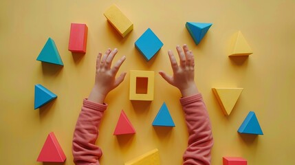 Colorful Geometric Shapes on Yellow Background with Hands