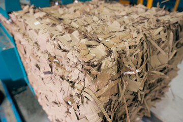 A paper recycling factory plant shredding machine, shredding waste paper into square bails, ready to be pulped and reused. Recycle waste materials to offset pollution and save the planet.