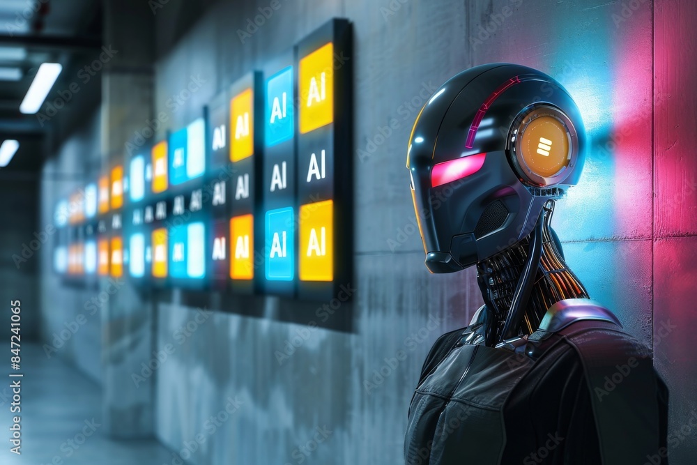 Aufkleber humanoid ai robot in industrial setting with digital data interface and glowing neon elements on gra