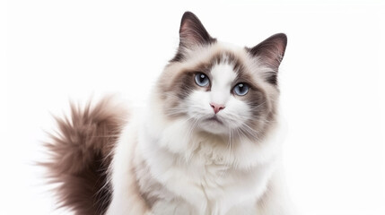 close-up portrait of fluffy blue-eyed cat on white background