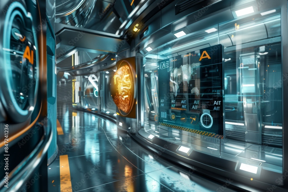Poster high tech ai research laboratory with digital screens and holographic data displays in metallic envi
