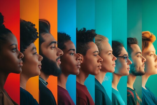 Collage of many people from different ethnicities, side profiles, smiling faces