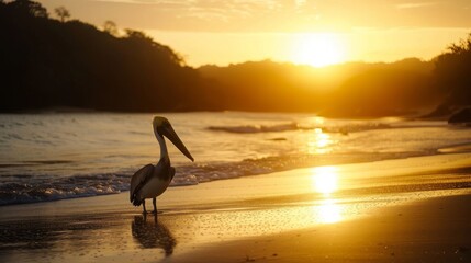 Gold Sunset in beach Playa Flamingo in Guanacaste, Costa Rica. Wild beautiful birds - pelicans fishing in the ocean. Central America. 