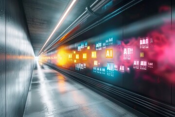 Fototapeta premium High Speed AI Data Flow in Neon Tunnel with Digital Interface and Futuristic Elements