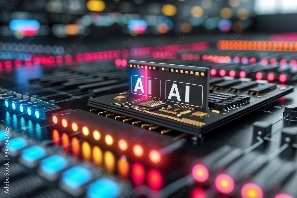 Poster ai data processing in modern server room with glowing neon lights and high tech equipment