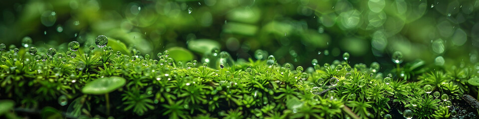 A macro closeup photo of green grass with natural sun light and water drops in a rainy day  