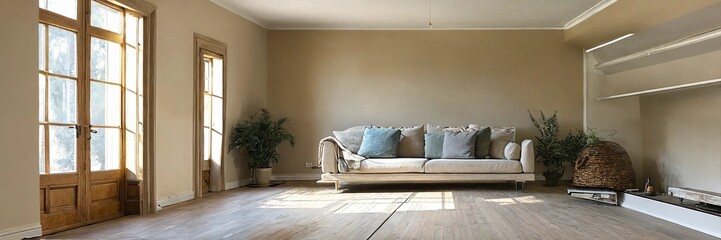  Living room with beige empty walls - light layout