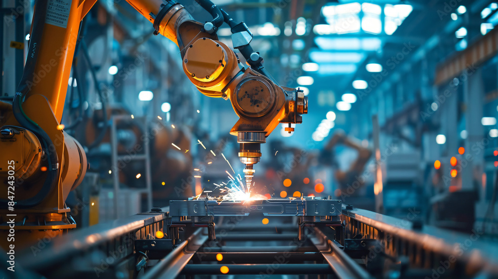 Poster automated robotic arm performs precise welding tasks in a modern manufacturing facility