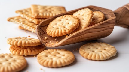 Cracker biscuits separated in wooden scoop on white backdrop