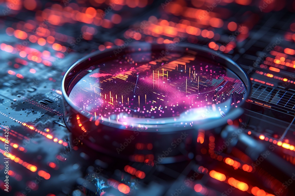 Aufkleber A magnifying glass on a computer circuit board. 3d rendering