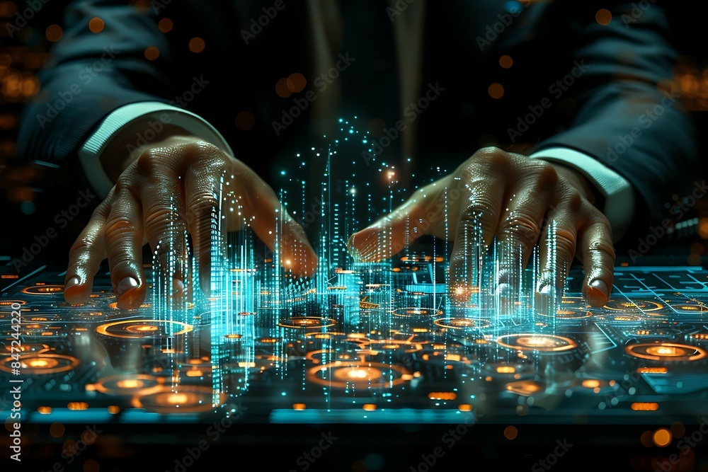 Fototapete close up of human hands using digital tablet with binary code hologram