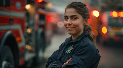 Fototapeta premium Portrait of a female firefighter smiling in front of a fire truck at twilight