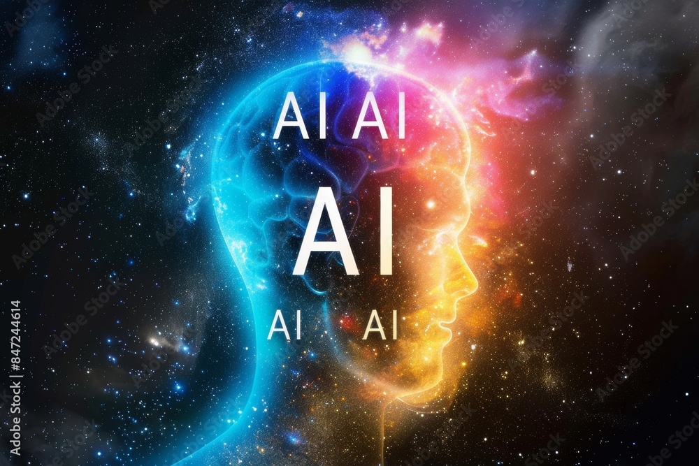 Poster futuristic ai data processing with holographic elements and glowing neon colors on dark background