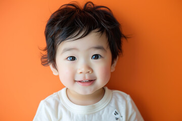 Naklejka premium East Asian Japan China Korea Cute Little Boy Isolated on a red Background Adorable Child Smiling Happy Playful Youthful Innocent Ethnic Cultural Portrait Studio Photography