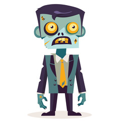 Business zombie man cartoon blue suit key yellow tie big eyes animated character scary look isolated background. Corporate zombie tired office worker suit tie blank stare isolated