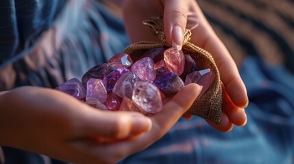 Crystal stones in a small pouch being opened by a person