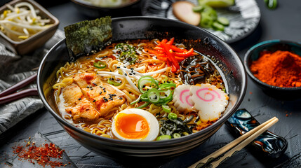Fototapeta premium A bowl of freshly made fast food ramen with vibrant ingredients and flavorful broth