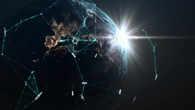 Lots of artificial satellites orbit the planet. Satellites transmit, broadcast digital signals forming a global worldwide network. Internet network, GPS, Telecommunications. Wireless global network. 