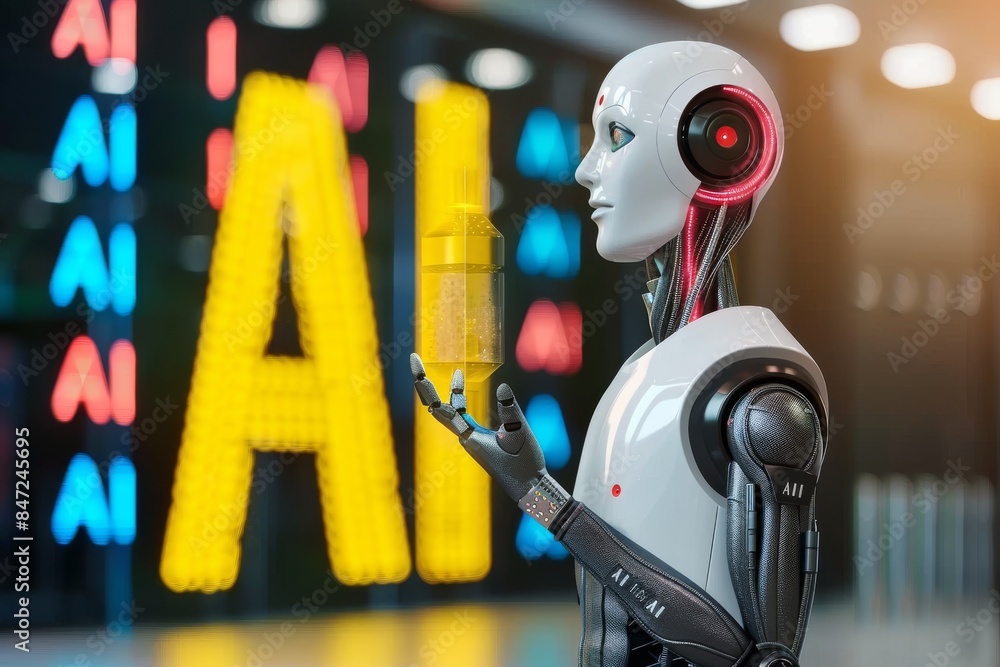 Poster ai data processing in high tech server room with neon elements and digital interface