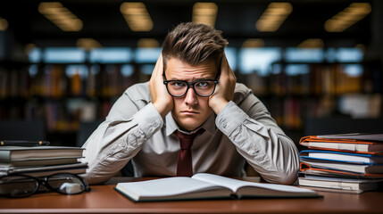 Fototapeta premium Overwhelmed Student Struggling With Late-Night Studies in a Dimly Lit Library
