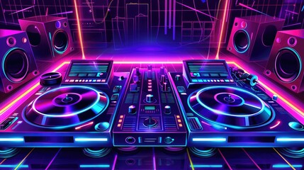 Music festival poster with a neon color scheme and DJ turntables in the background