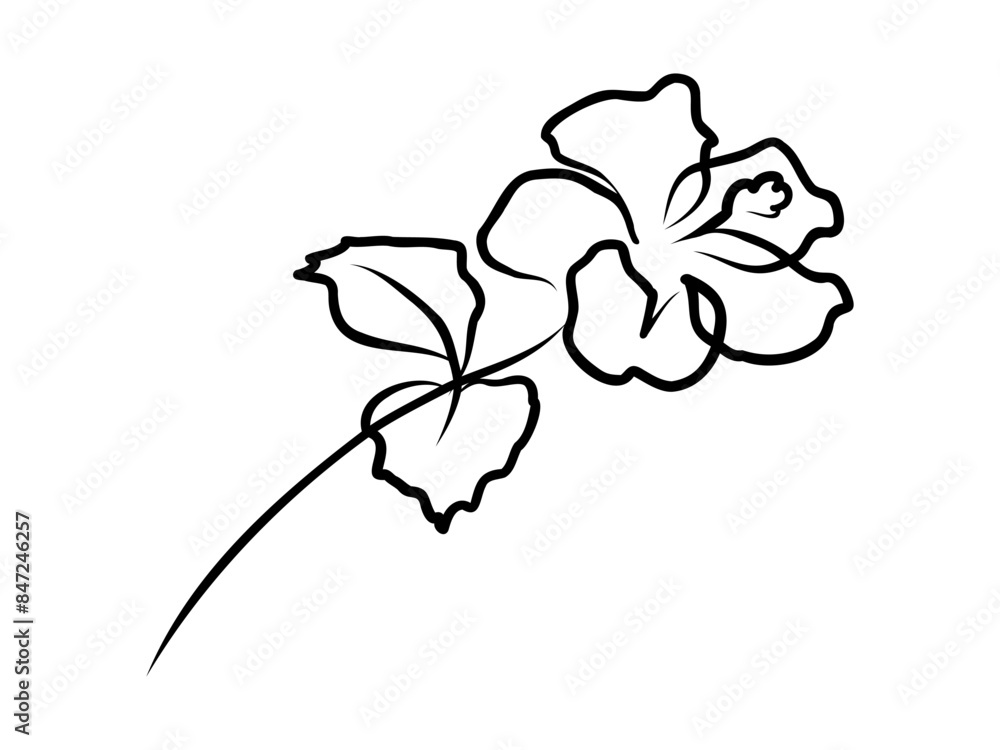 Poster hibiscus flower in one continuous line drawing. floral abstract symbol in simple linear style. organ